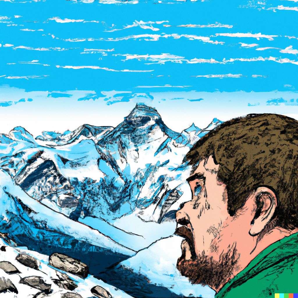 someone gazing at Mount Everest, comic book illustration, realism style
